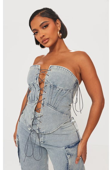 Shape Light Blue Wash Denim Lace Up Front Corset