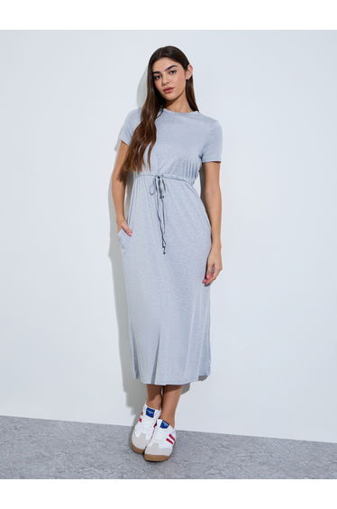 Grey Solid Drawstring Waist A-Line Midi Dress