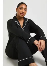 Plus Piping Detail Long Sleeve Shirt & Trouser Pyjama Set - black - 2