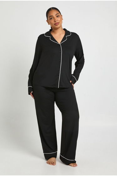 Plus Piping Detail Long Sleeve Shirt & Trouser Pyjama Set - black