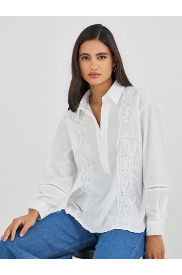 Embroidered Long Sleeve Spread Collar Shirt