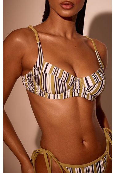 Olive Striped Print Underwired Bikini Top