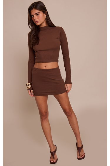 Chocolate Brushed Rib Elasticated Waist Mini Skirt