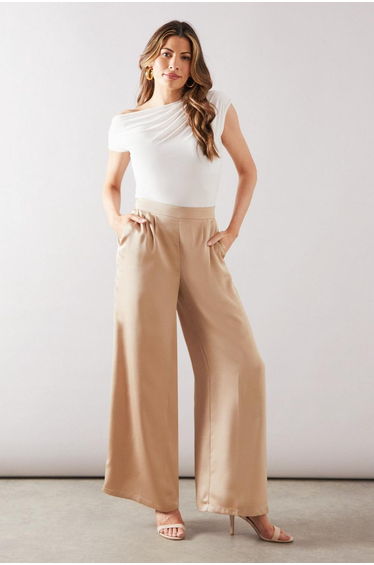 Satin Pleat Detail Wide Leg Trouser