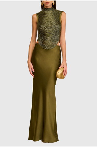 Fedde Fringe Satin Skirt Set In Olive