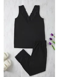 Black V Neck Lace Knitted Pajama Set - 1