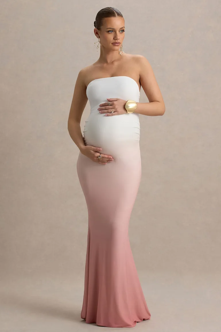 pink ombre maternity dress Multi-Colored Pleated Halter Maternity Maxi