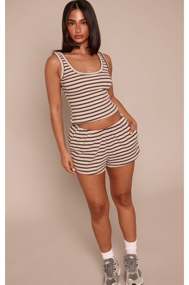 Petite Brown Striped Soft Fleece Drawstring Shorts