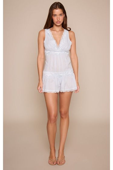 Dusty Blue Lace Embroidered Detail Floaty Playsuit
