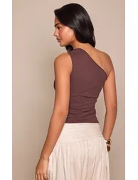 Chocolate Cotton Asymmetric Trim Detail Top - 2