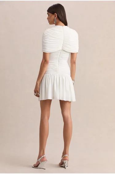 Fenella | White High-Neck Mini Dress With Cape-Sleeves And Ruched Detailing