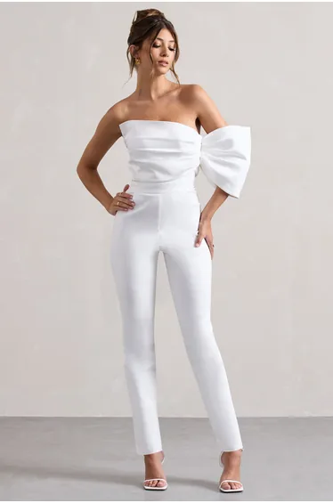 Adabella | White Satin Strapless One-Sleeve Straight-Leg Jumpsuit