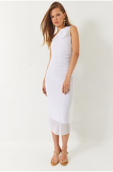 LUCCI Asymmetrical Collar Midi Dress with Bow