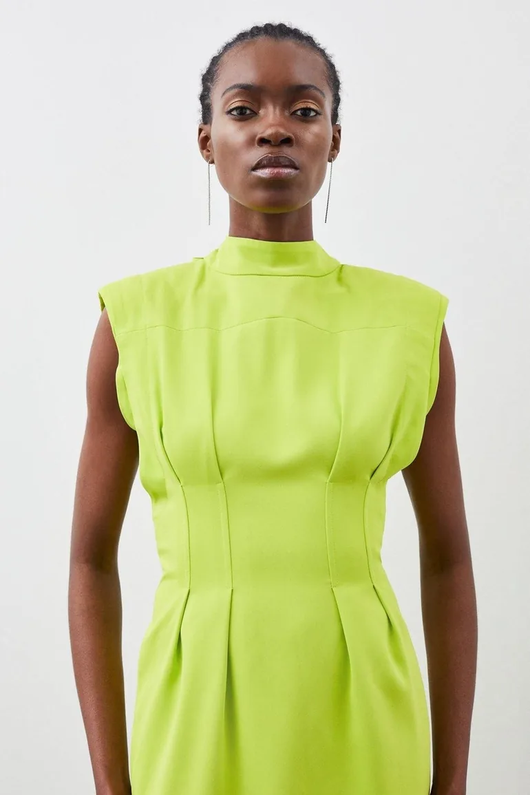 Pintuck Tie Neck Woven Column Midi Dress - 1