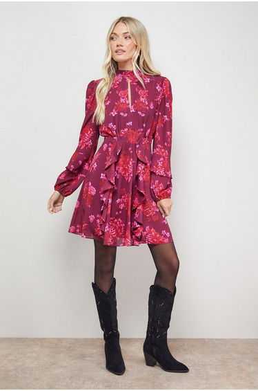 Printed Ruffle Boho Fit And Flare Mini Dress