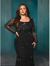 Classic Style Plus Size Sequins Rhinestone Formal Dress Diamond Evening Gown - 2