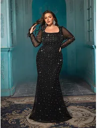 Classic Style Plus Size Sequins Rhinestone Formal Dress Diamond Evening Gown - 1