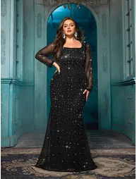 Classic Style Plus Size Sequins Rhinestone Formal Dress Diamond Evening Gown - 4