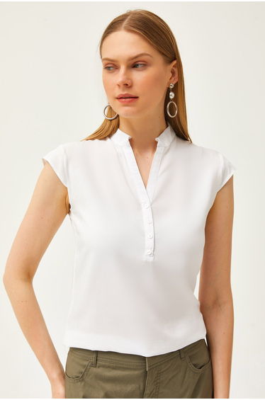 Women's Ecru V-Neck 4 Buttons Viscose Blouse
