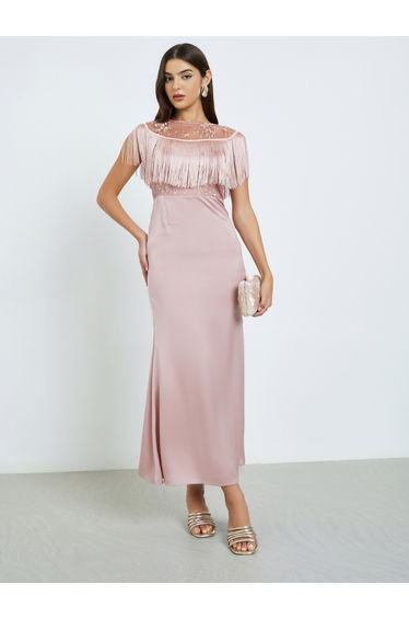 Lace Boat Neck with Fringe Detail Mermaid Hem Maxi Dress