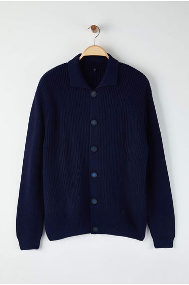 Navy Blue Regular Polo Collar Plain Cardigan
