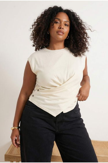 Ecru Cotton Cross Detailed Thin Summer Knitwear Blouse