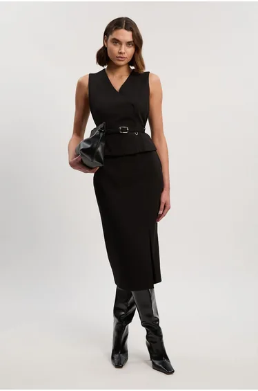 Petite Compact Essential Belted Tailored Midi Pencil Dress