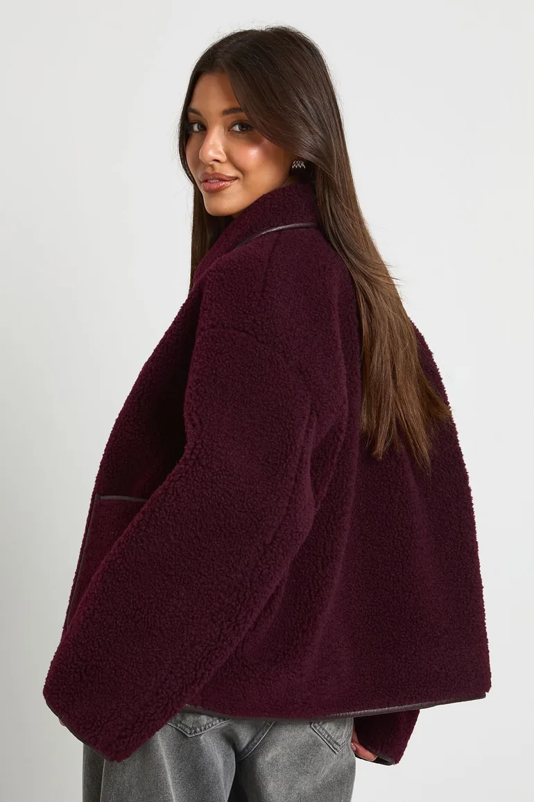 Contrast Binding Collared Teddy Jacket - burgundy - 3