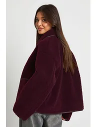 Contrast Binding Collared Teddy Jacket - burgundy - 3