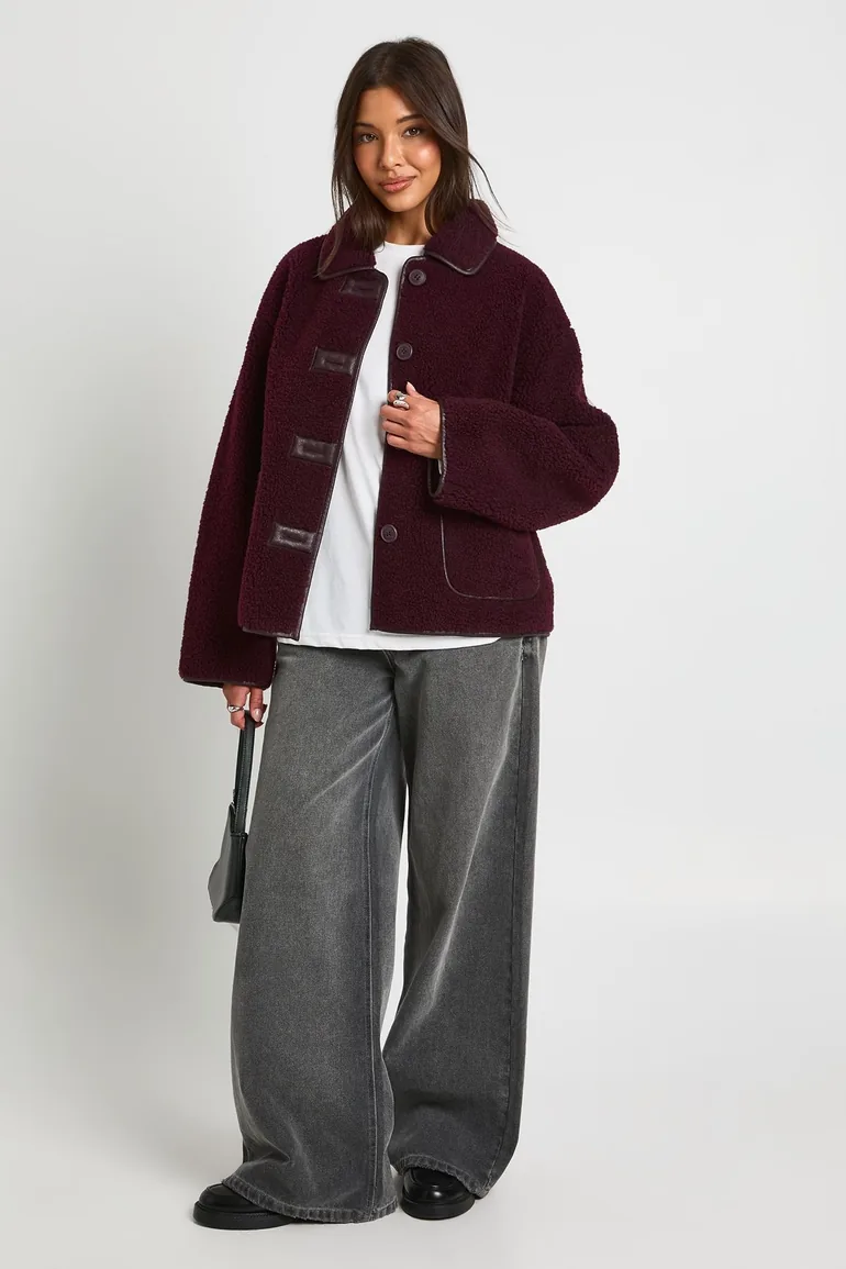 Contrast Binding Collared Teddy Jacket - burgundy