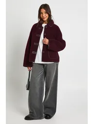 Contrast Binding Collared Teddy Jacket - burgundy