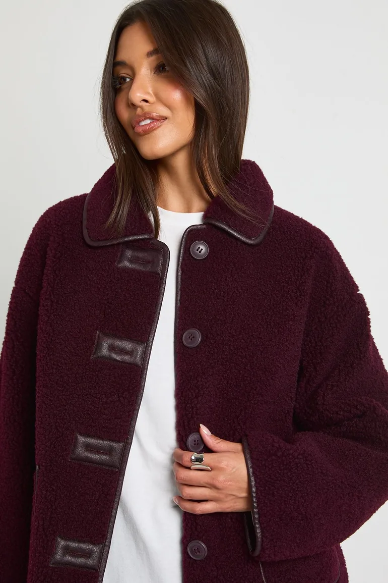 Contrast Binding Collared Teddy Jacket - burgundy - 2