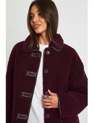 Contrast Binding Collared Teddy Jacket - burgundy - 2