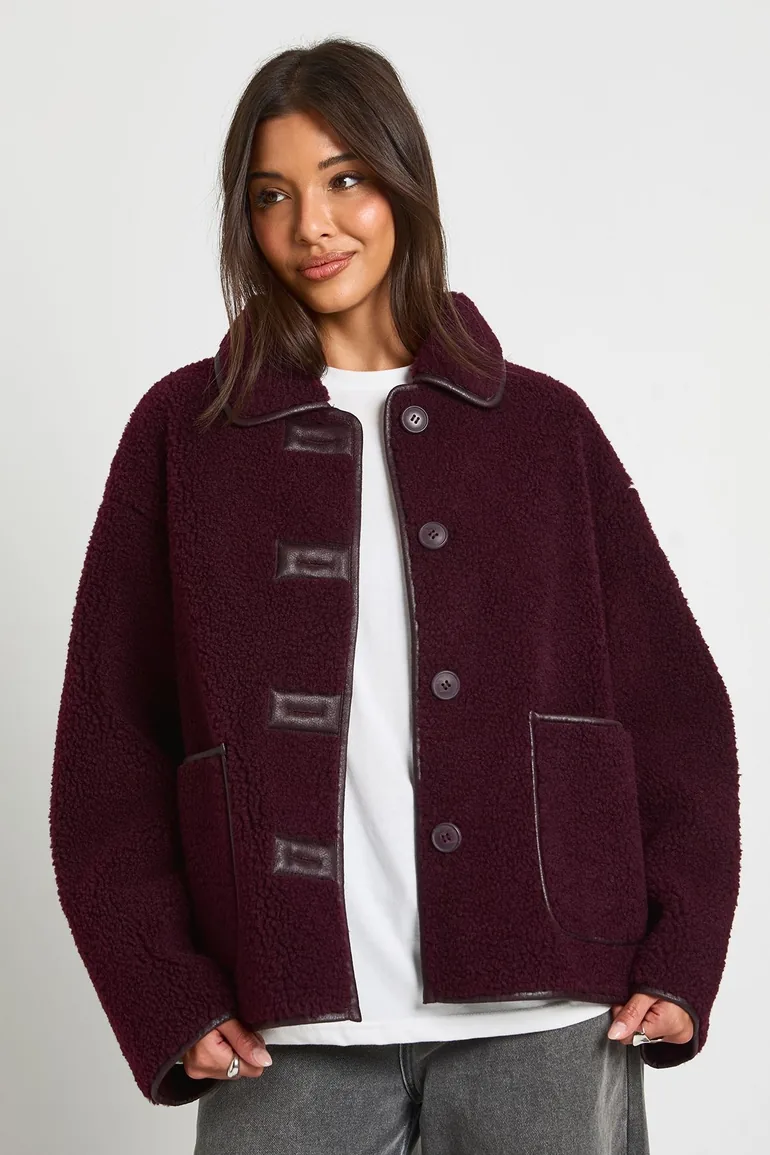 Contrast Binding Collared Teddy Jacket - burgundy - 1