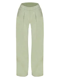 Petite Sage Green Linen Pleat Trousers - 4