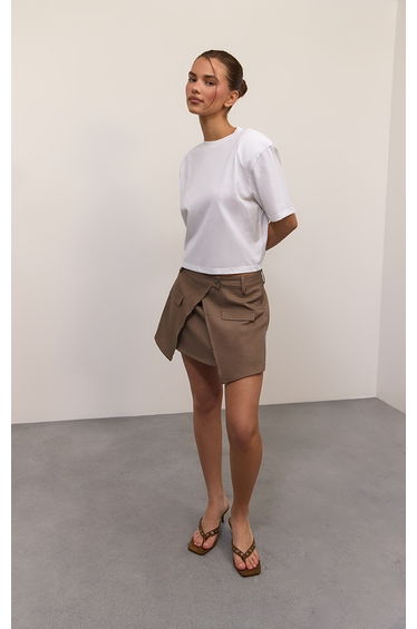 Mushroom Woven Wrap Front Detail Mini Skirt