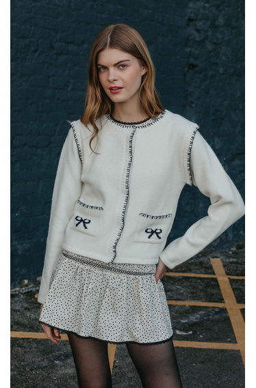 Cream Bow Stitch Detail Cardigan