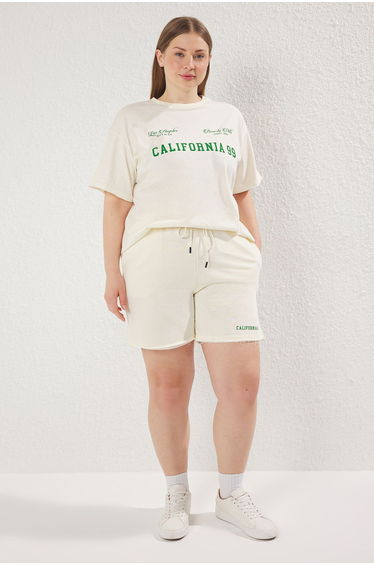 Stone Regular Fit Slogan Printed Knit Plus Size T-shirt Shorts Bottom-Top Set TBBSS25CP00004