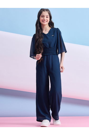 Girls Navy Blue Woven Top and Pants Set