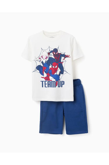 Cotton T-Shirt And Shorts Set With Spider-Man Print For Boys, White/Blue
