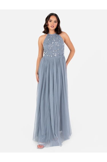 Maya Dusty Blue Floral Embellished Halter Neck Floor Length Dress