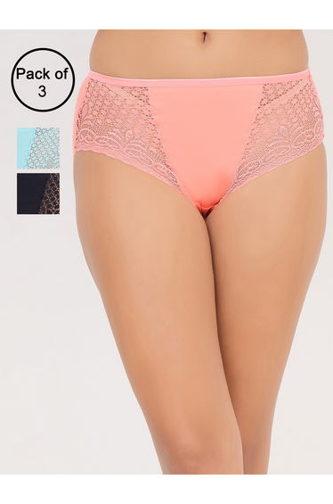 Pack of 3-Mid Waist Hipster Panty with Lace Wings - Cotton