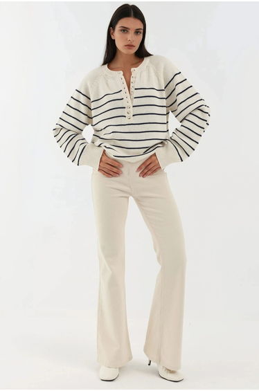 Button Detailed Striped Loose Fit Sweater