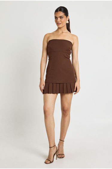 Tailored Bandeau Mini Dress With Pleated Skirt - chocolate