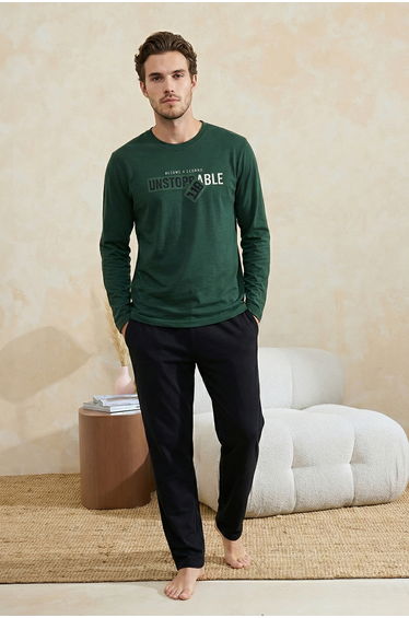 Green Regular Fit Printed Knitted Pajamas Set