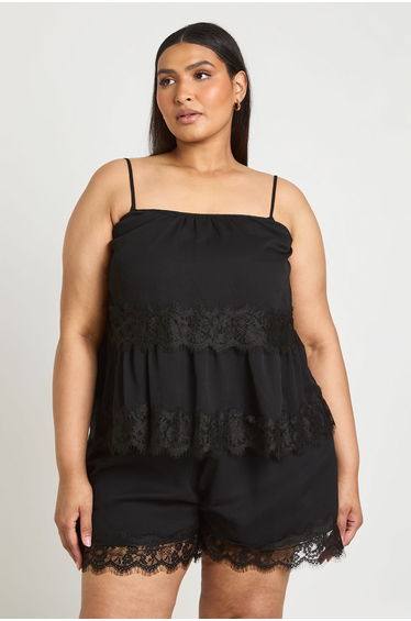 Plus Chiffon Lace Hem Layered Cami Top - black