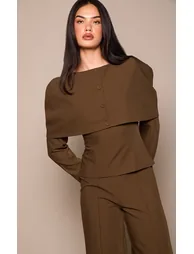 Chocolate Tailored Woven Button Down Long Sleeve Jumpsuit - 3