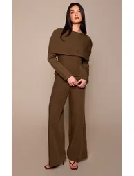 Chocolate Tailored Woven Button Down Long Sleeve Jumpsuit
