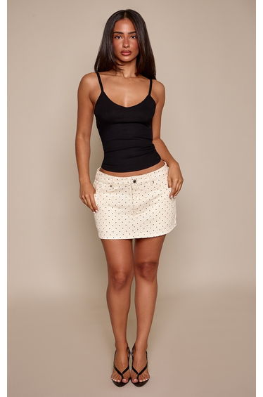 Petite Cream Polka Dot Low Rise Micro Mini Denim Skirt