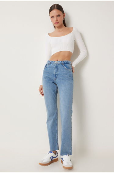 Women's Light Blue Mid Waist Straight Jeans